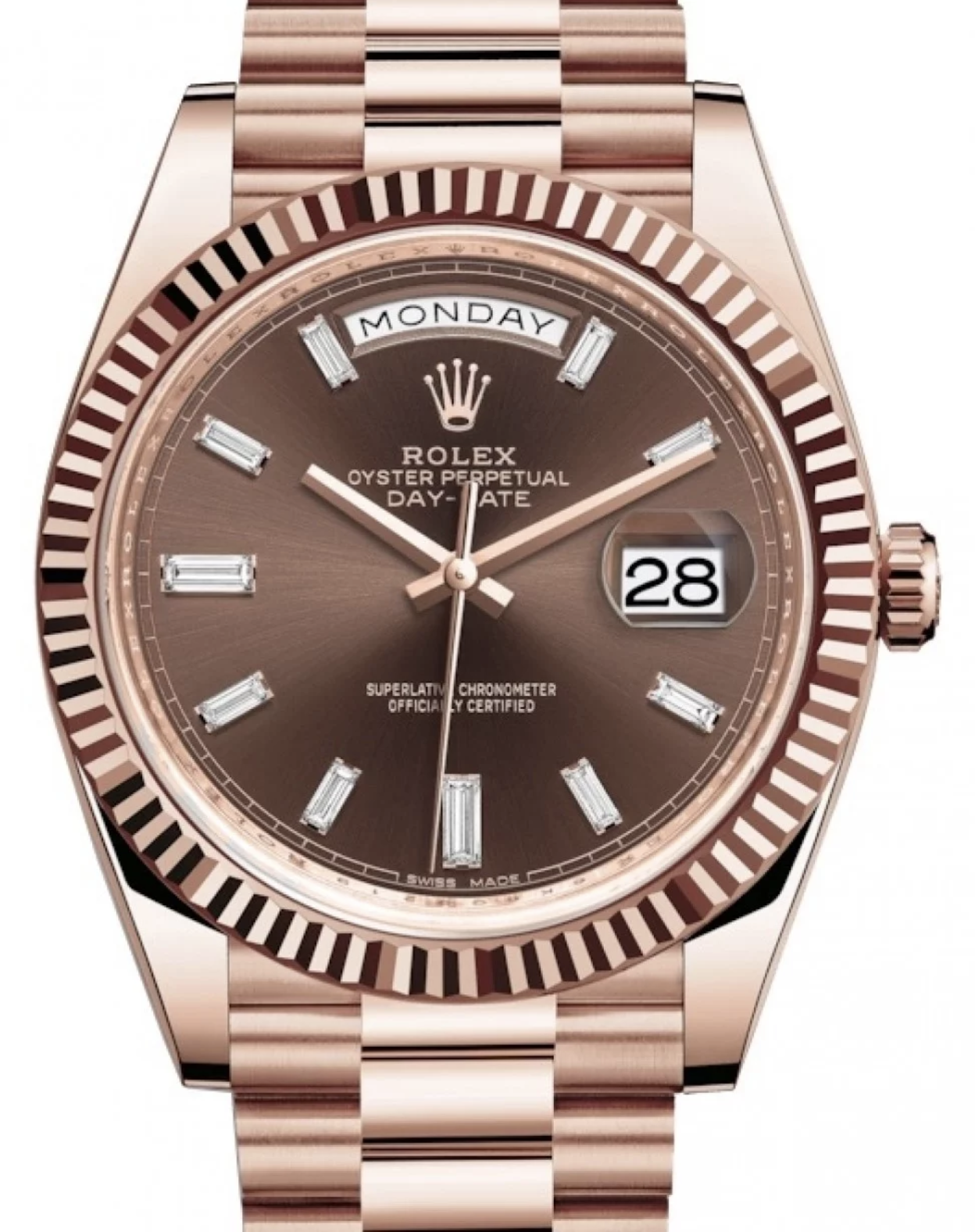 Best Swiss Clone Replica Rolex Day-Date 40 Rose Gold Chocolate Diamond Dial & Fluted Bezel President Bracelet 228235 - Replica Swiss Clones Watches