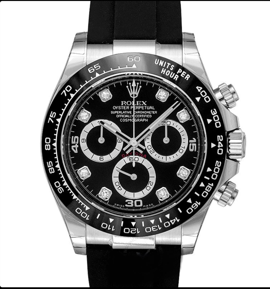 Replica Rolex Cosmograph Daytona 18ct White Gold Automatic Black Dial Diamonds Mens Watch - IP Empire Replica Watches